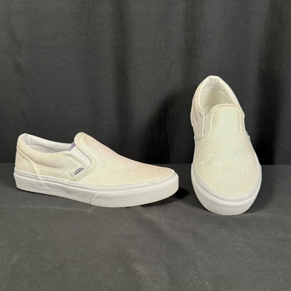 Vans Classic Slip-On Sneakers White Iridescent Glitter Youth Girls Boys 3.0